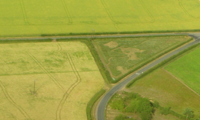 The Inclosure from the air, clearly showing the triangular shape which governed the eventual planting plan of the orchard. The picture was taken in July 2010, shortly after the project start; the cuts made to define the orchard’s central clearing, footpaths and to deal with pernicious dock outcrops can be seen.